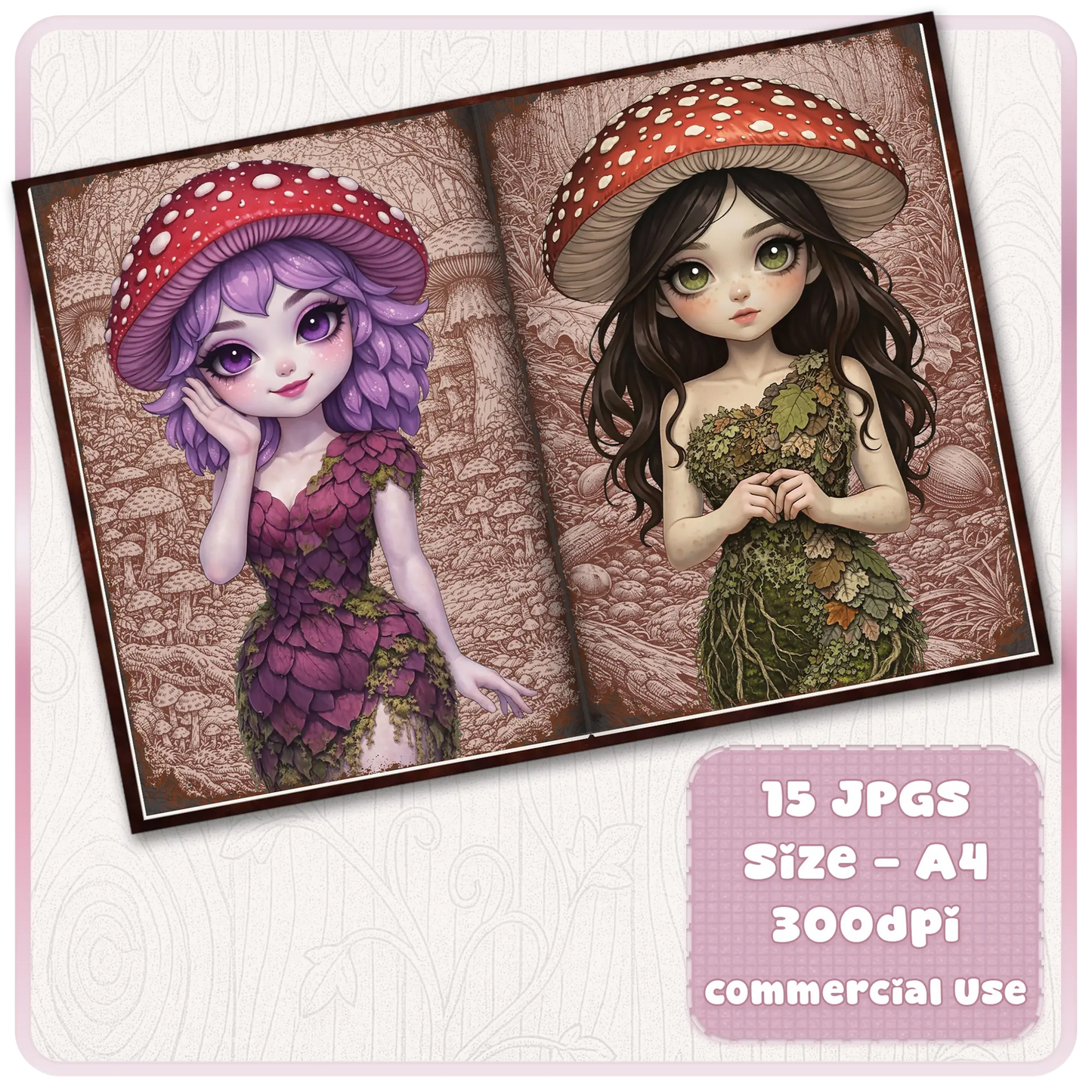 Fantasy mushroom maiden journal pages with purple and brunette fairy girls in forest setting, whimsical scrapbook printable for commercial use