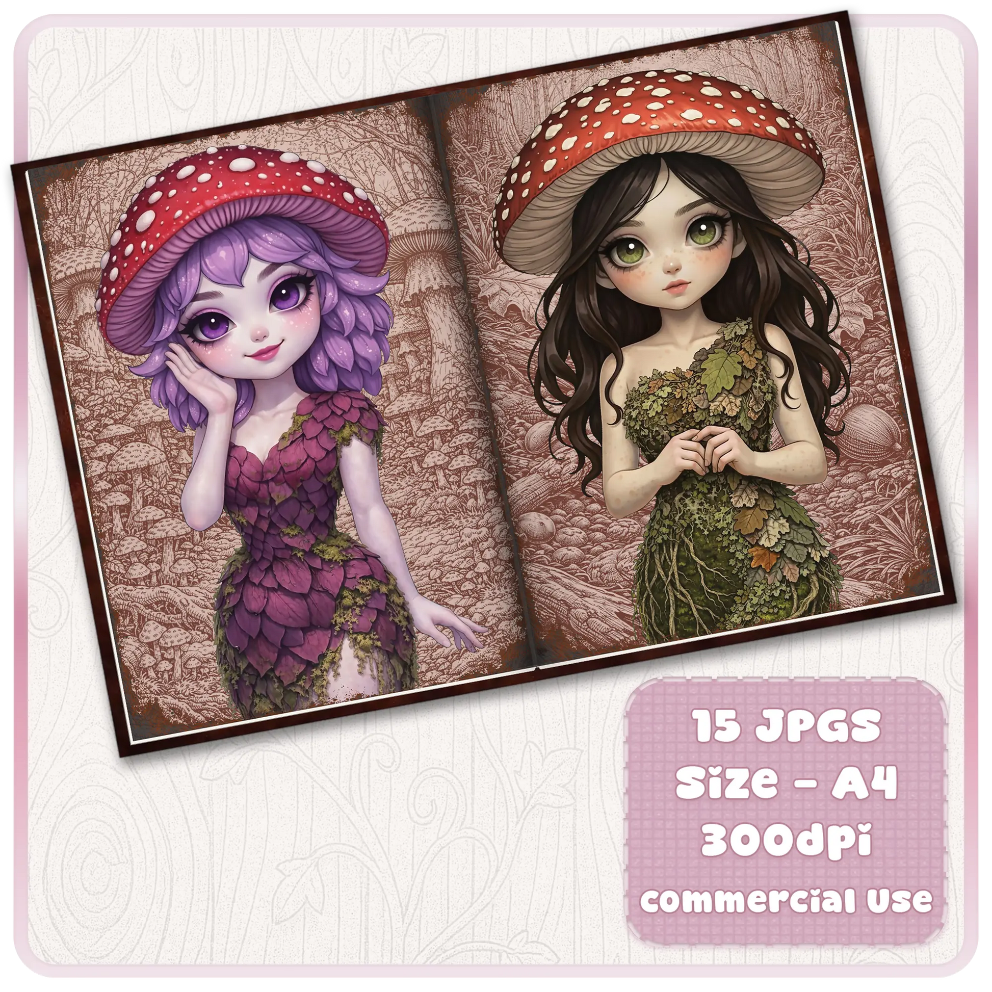 Fantasy mushroom maiden journal pages with purple and brunette fairy girls in forest setting, whimsical scrapbook printable for commercial use