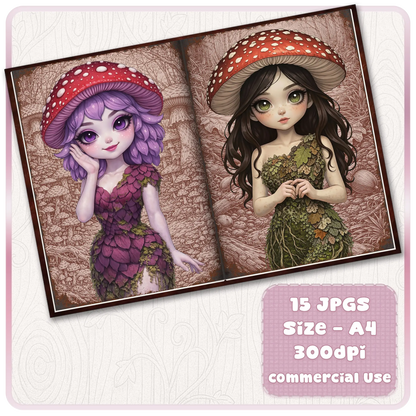 Fantasy mushroom maiden journal pages with purple and brunette fairy girls in forest setting, whimsical scrapbook printable for commercial use