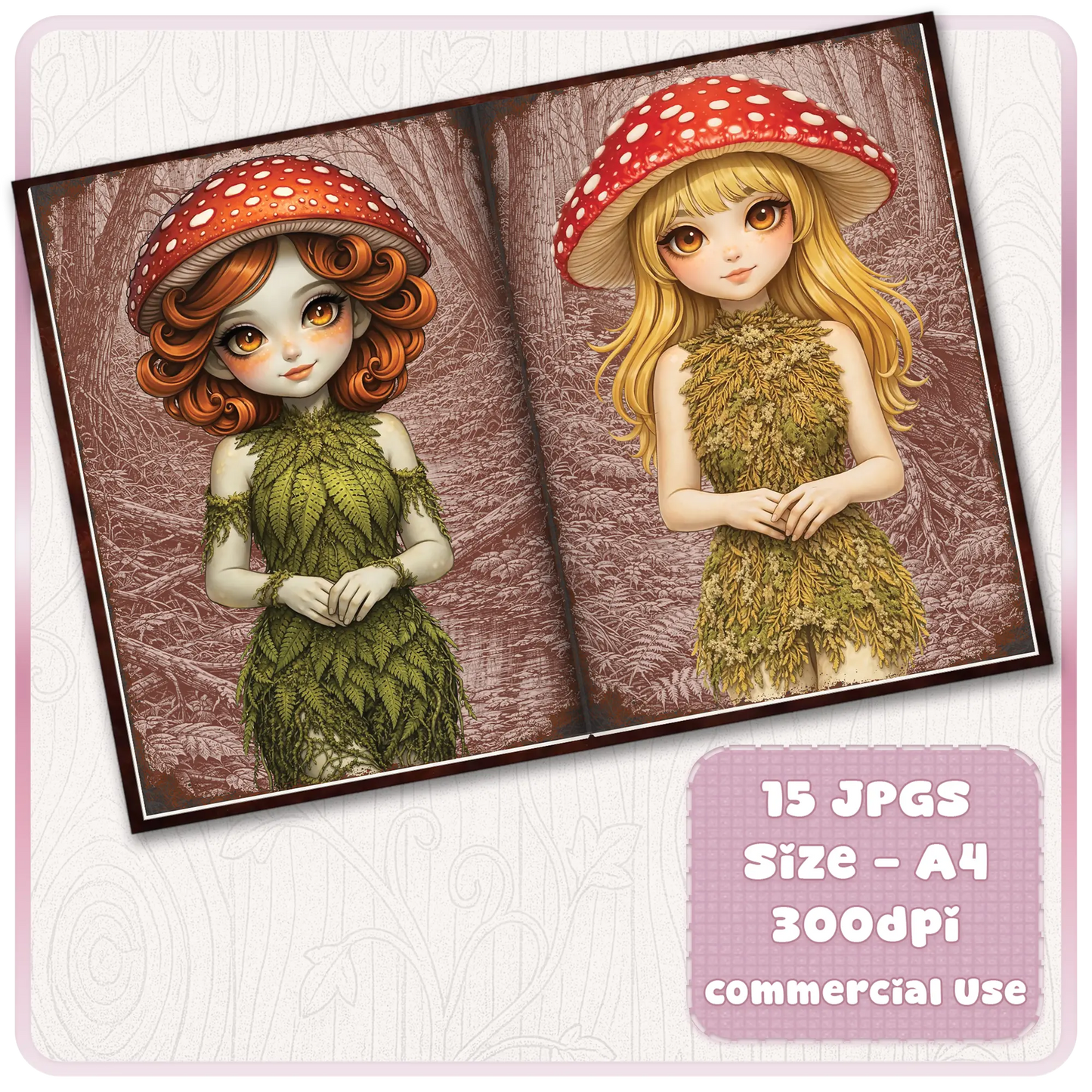 Cute mushroom fairy scrapbook printable featuring red-haired and blonde woodland girls in leaf dresses, high-resolution A4 journal pages