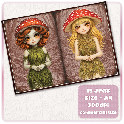 Cute mushroom fairy scrapbook printable featuring red-haired and blonde woodland girls in leaf dresses, high-resolution A4 journal pages