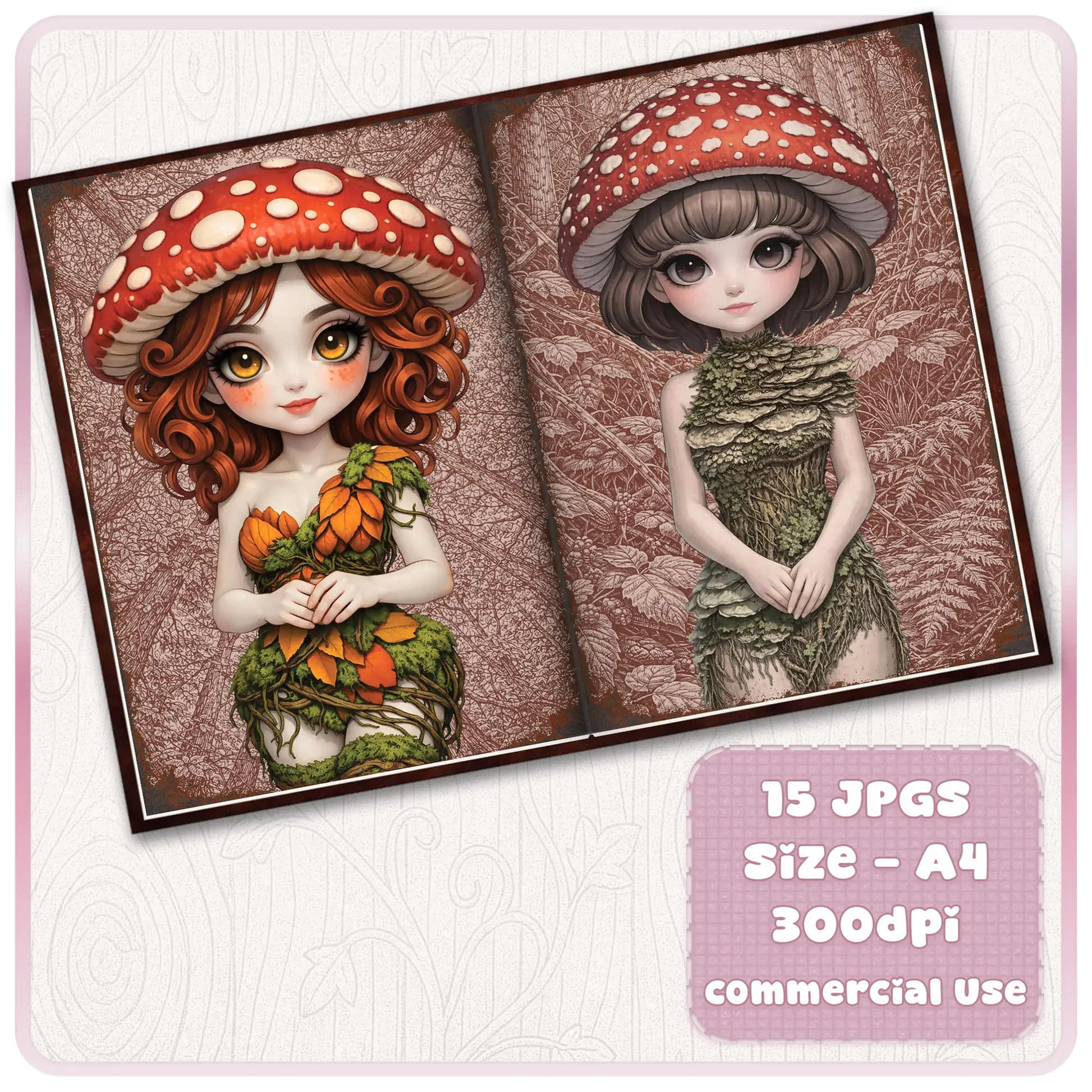 Whimsical mushroom maiden printable pages with autumn-themed fairy girls, toadstool hats, and detailed forest background, 300 DPI scrapbook kit