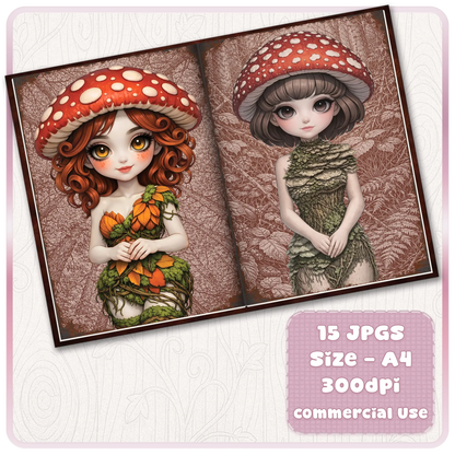 Whimsical mushroom maiden printable pages with autumn-themed fairy girls, toadstool hats, and detailed forest background, 300 DPI scrapbook kit