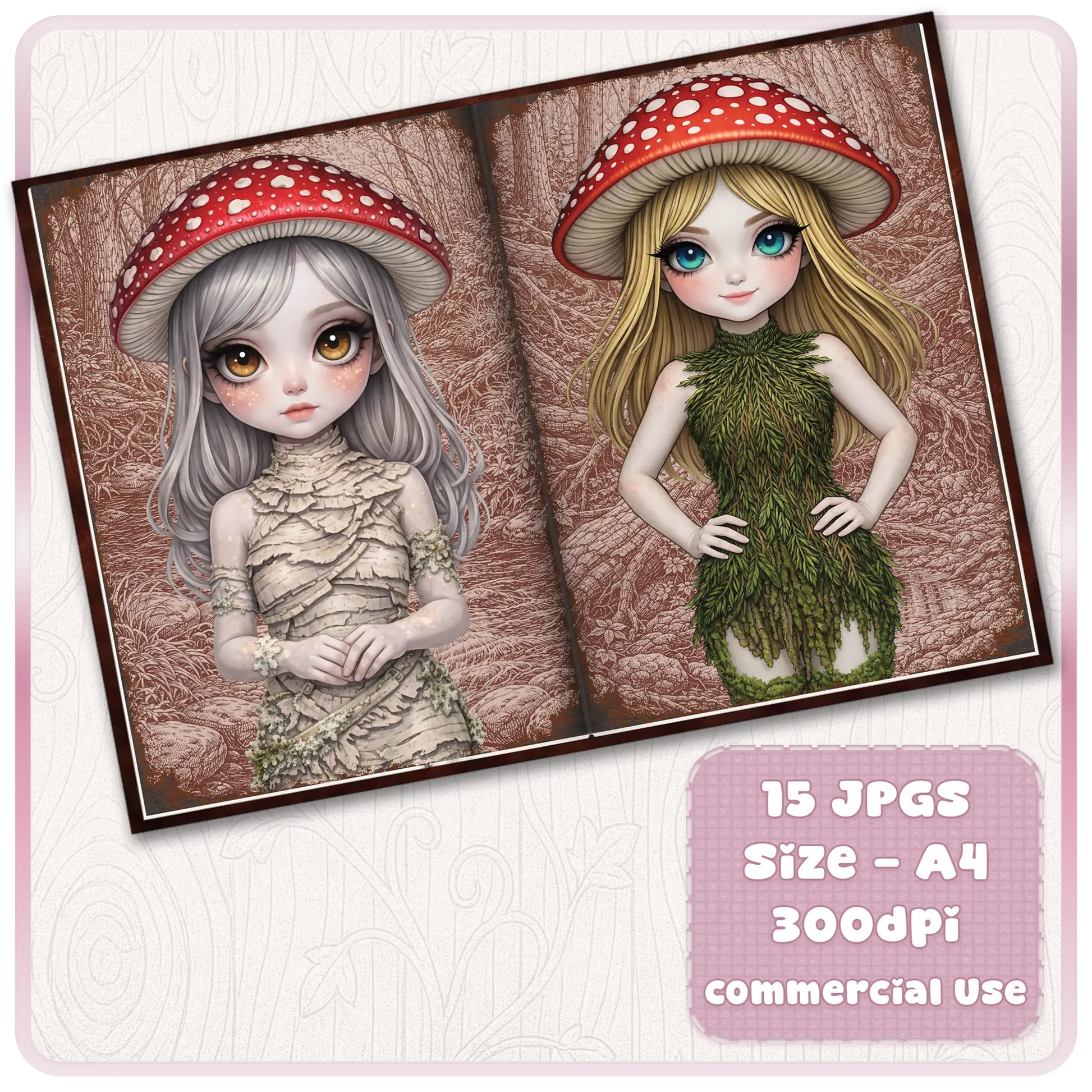 Fantasy mushroom fairy journal pages with soft pastel woodland girls, moss and leaf dresses, printable A4 scrapbook design set