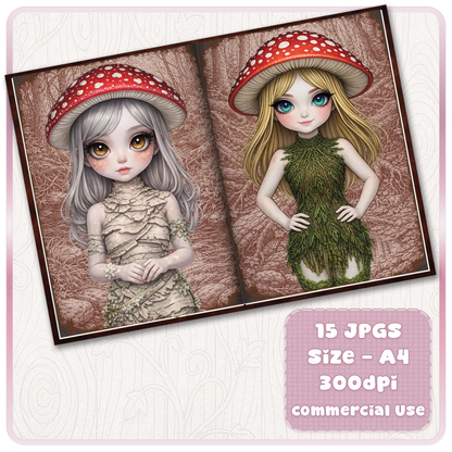 Fantasy mushroom fairy journal pages with soft pastel woodland girls, moss and leaf dresses, printable A4 scrapbook design set