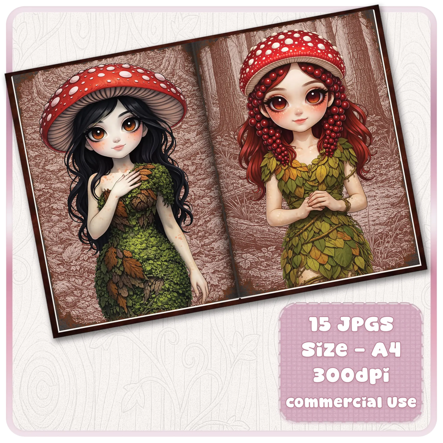 Cute woodland mushroom maidens with toadstool hats and leafy outfits, fantasy scrapbook printable pages for journaling and crafting