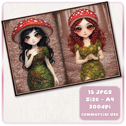 Cute woodland mushroom maidens with toadstool hats and leafy outfits, fantasy scrapbook printable pages for journaling and crafting