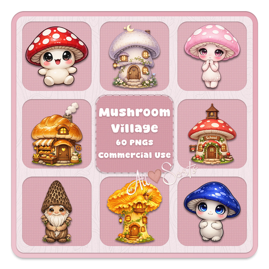 Mushroom village clipart bundle, cute kawaii mushroom characters, fairy houses and cottagecore PNG set for scrapbooking and sublimation