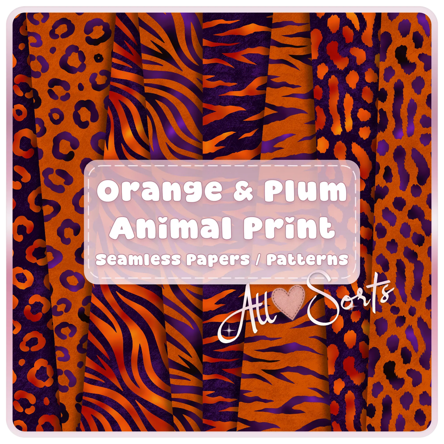 Orange and plum animal print seamless pattern bundle preview featuring leopard, zebra, and abstract safari textures