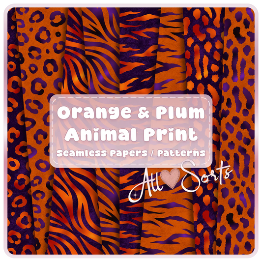 Orange and plum animal print seamless pattern bundle preview featuring leopard, zebra, and abstract safari textures