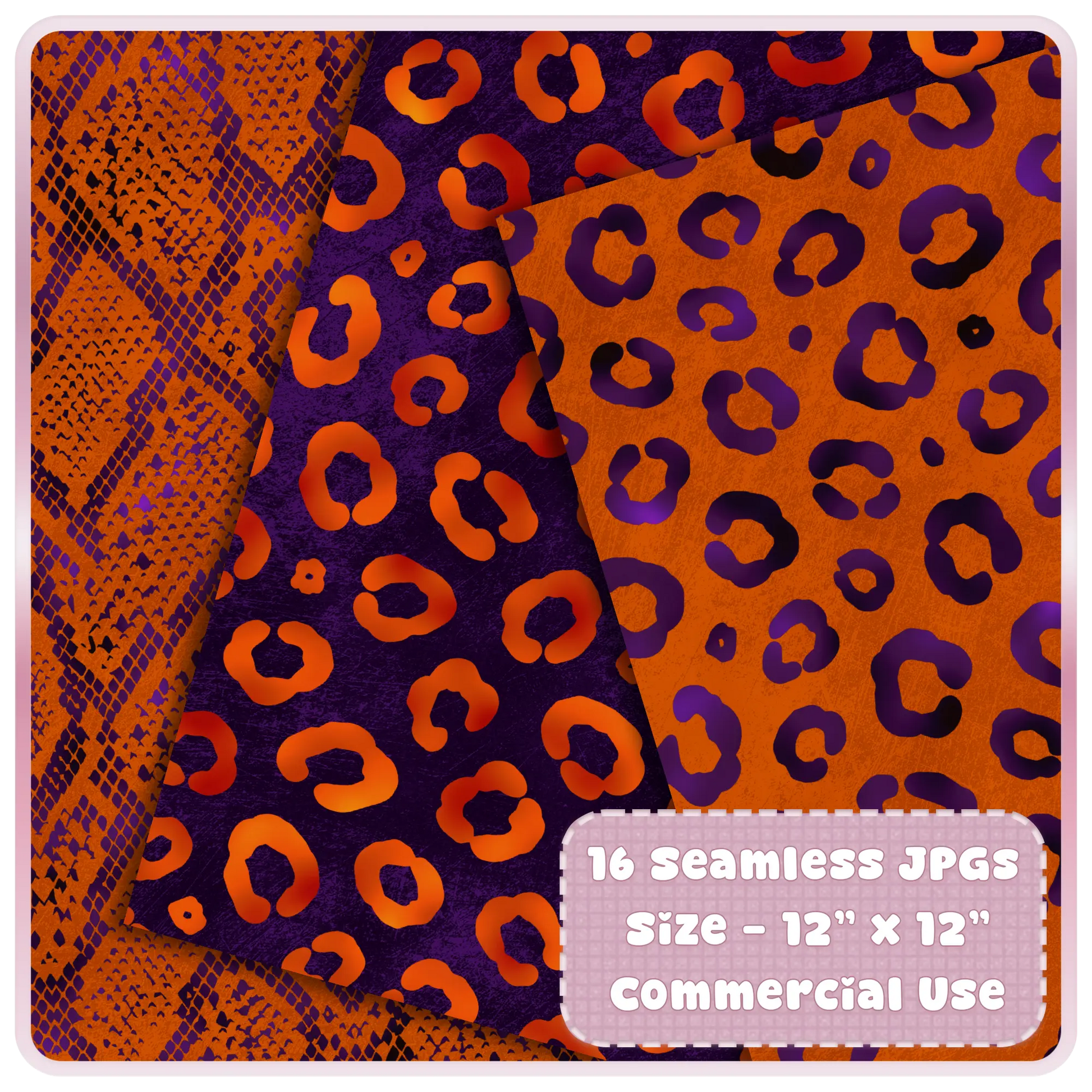 Seamless leopard print digital papers in orange and deep purple tones with textured backgrounds