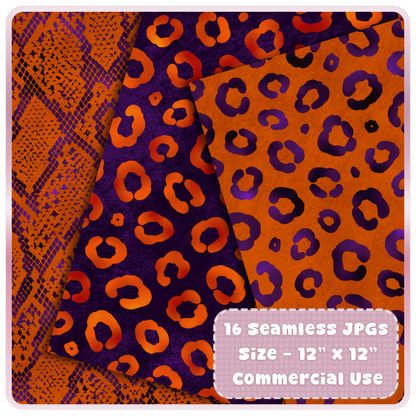 Seamless leopard print digital papers in orange and deep purple tones with textured backgrounds
