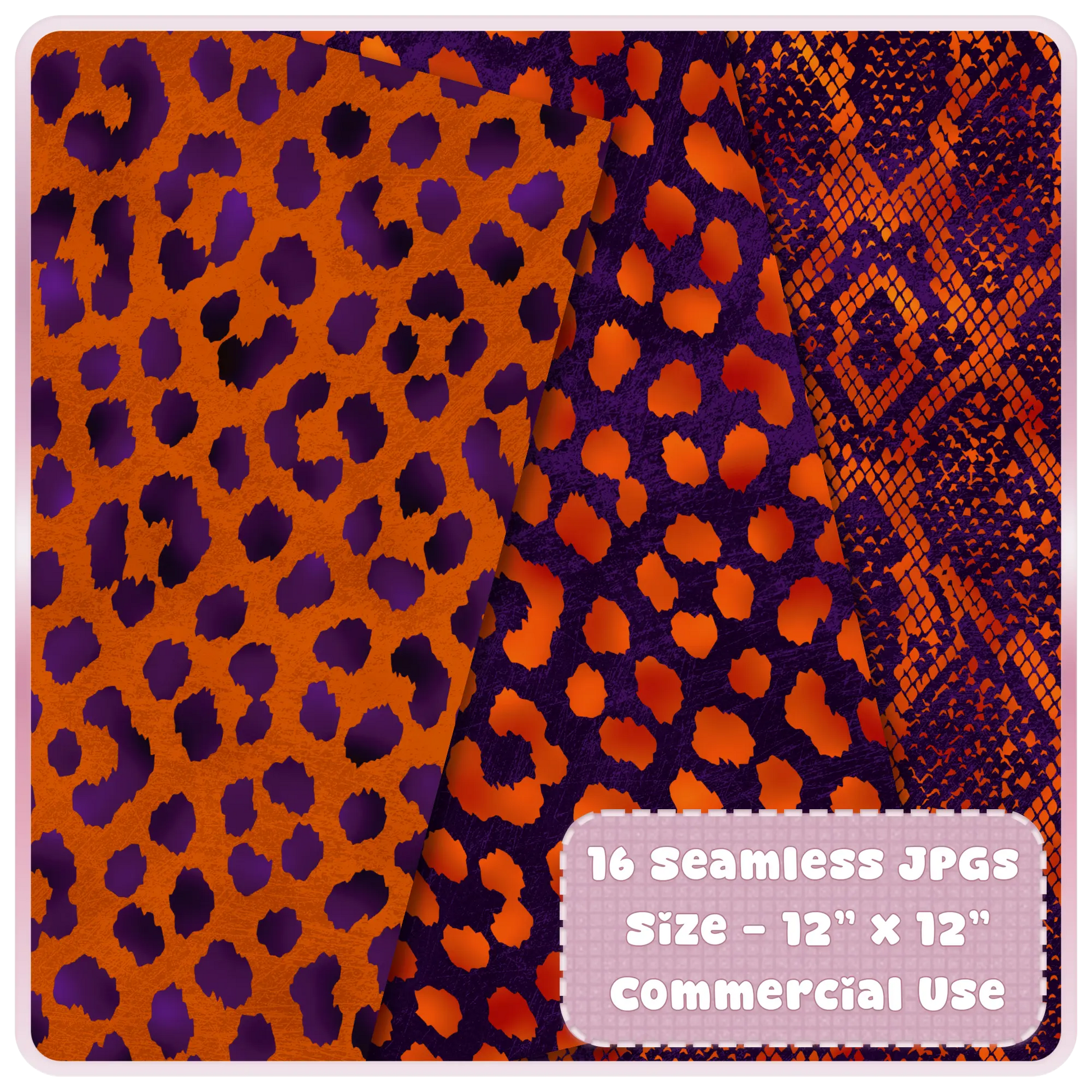 Bold orange and plum leopard and snakeskin seamless patterns for digital and print design