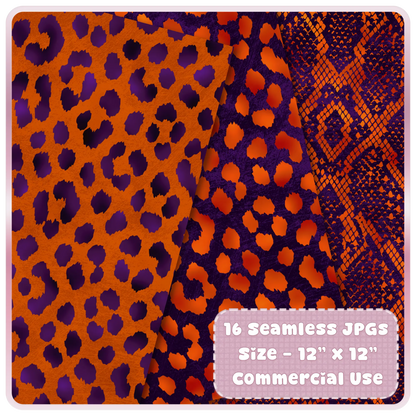 Bold orange and plum leopard and snakeskin seamless patterns for digital and print design