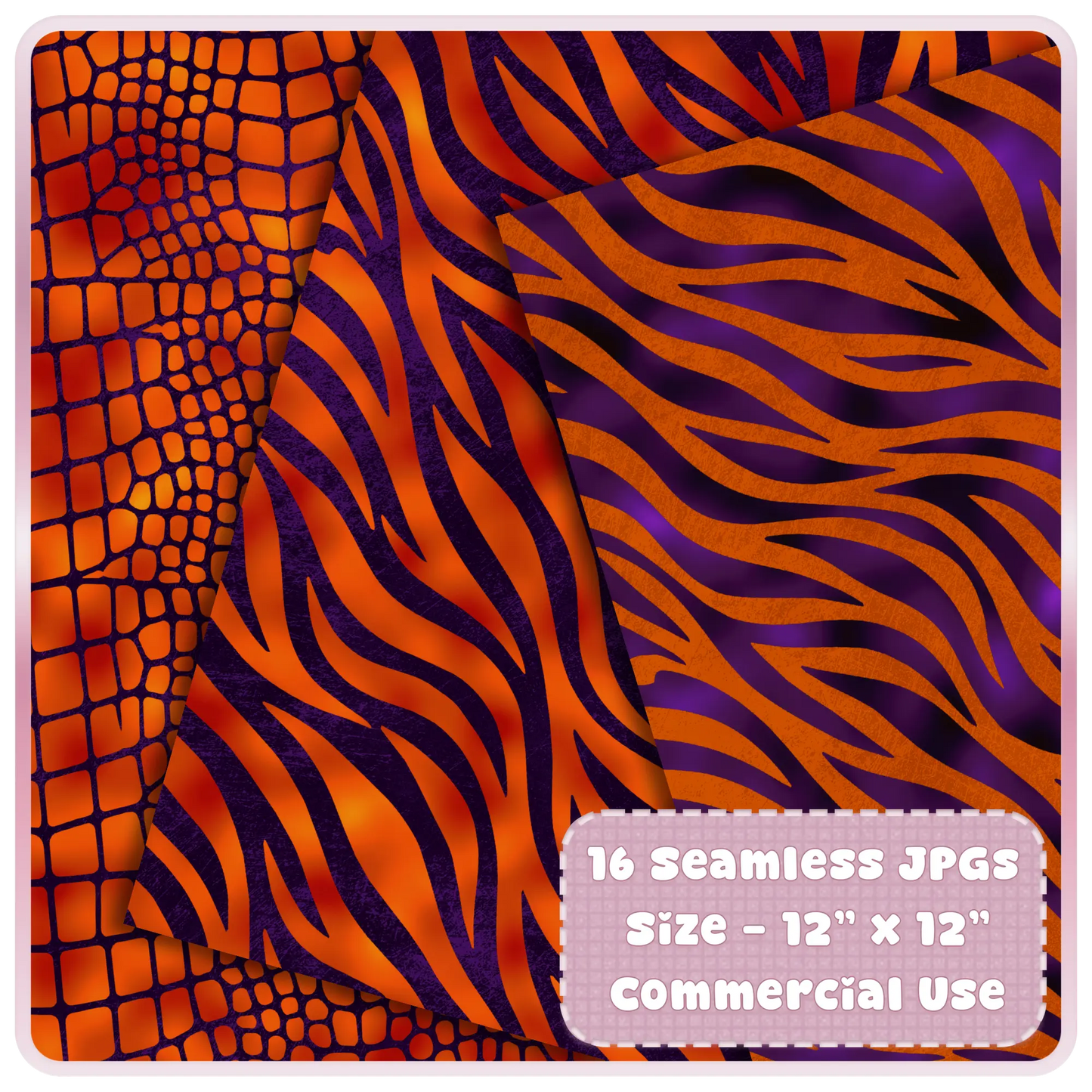 Zebra and reptile style seamless patterns in orange and purple color palette for scrapbook and POD use