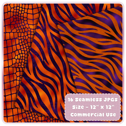 Zebra and reptile style seamless patterns in orange and purple color palette for scrapbook and POD use