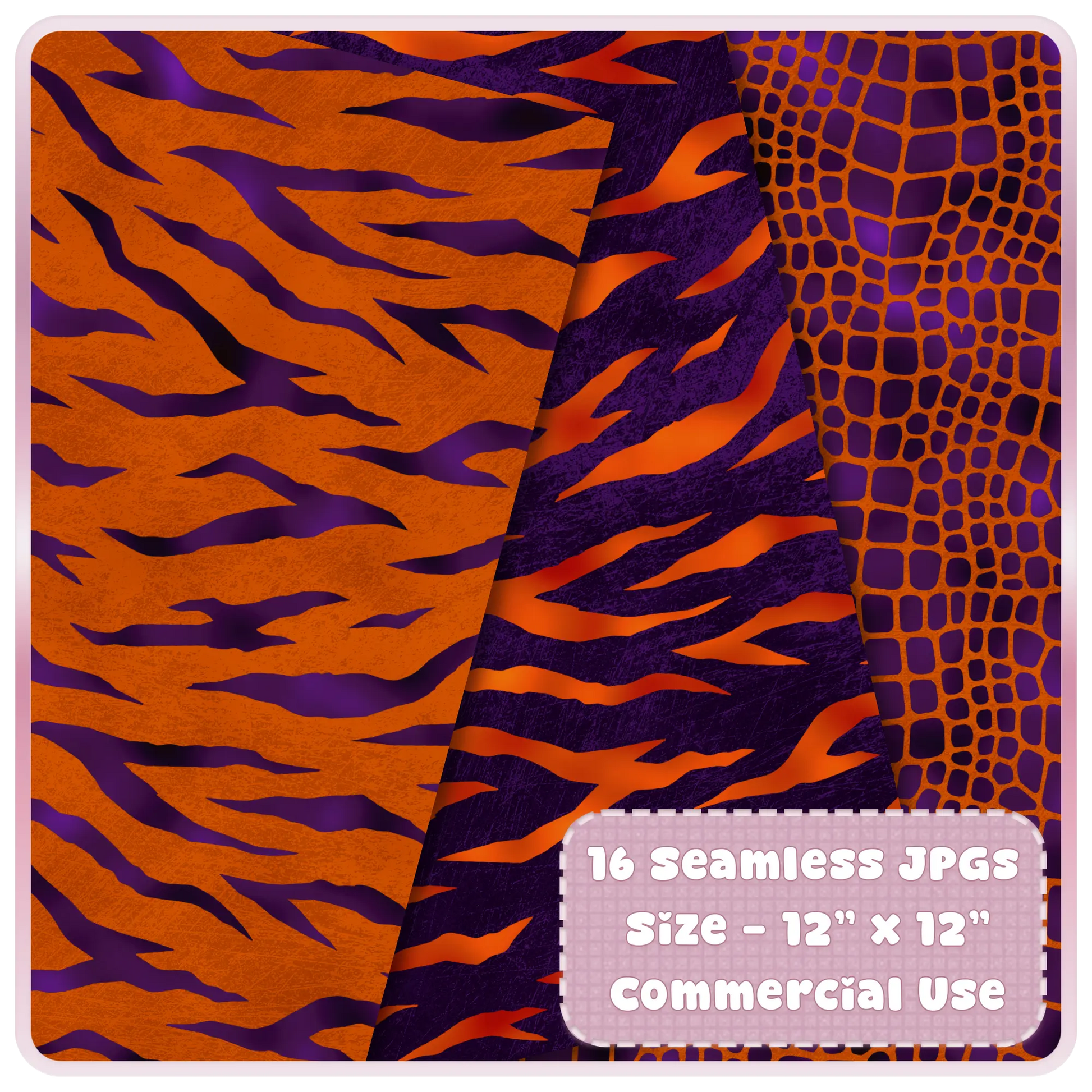 Tiger stripe inspired seamless patterns in orange and plum tones with textured finish