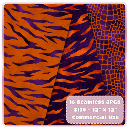 Tiger stripe inspired seamless patterns in orange and plum tones with textured finish