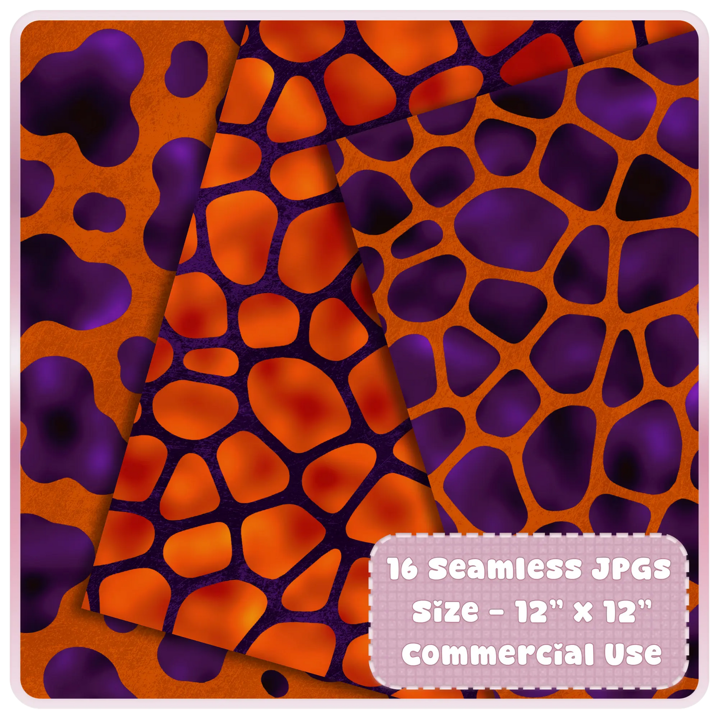 Abstract animal print seamless digital papers featuring organic shapes in orange and purple hues