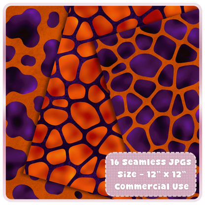 Abstract animal print seamless digital papers featuring organic shapes in orange and purple hues