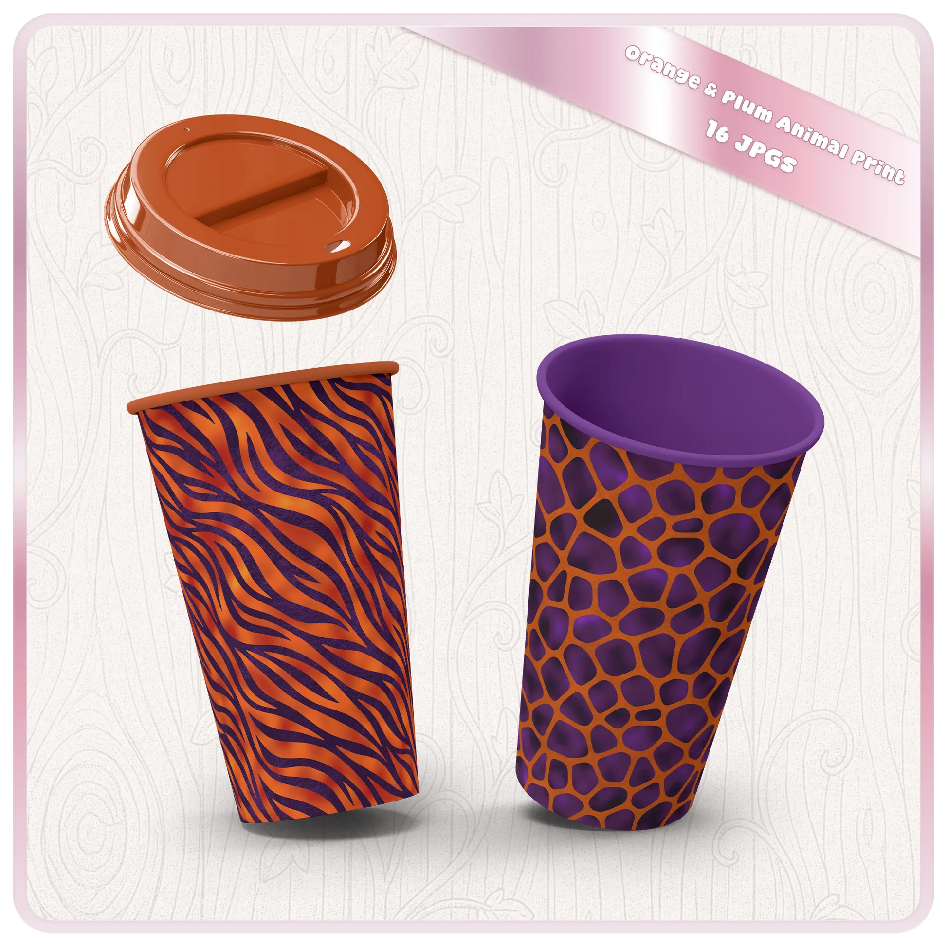 Coffee cups mockup with zebra and giraffe style seamless animal print patterns in orange and purple