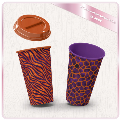 Coffee cups mockup with zebra and giraffe style seamless animal print patterns in orange and purple