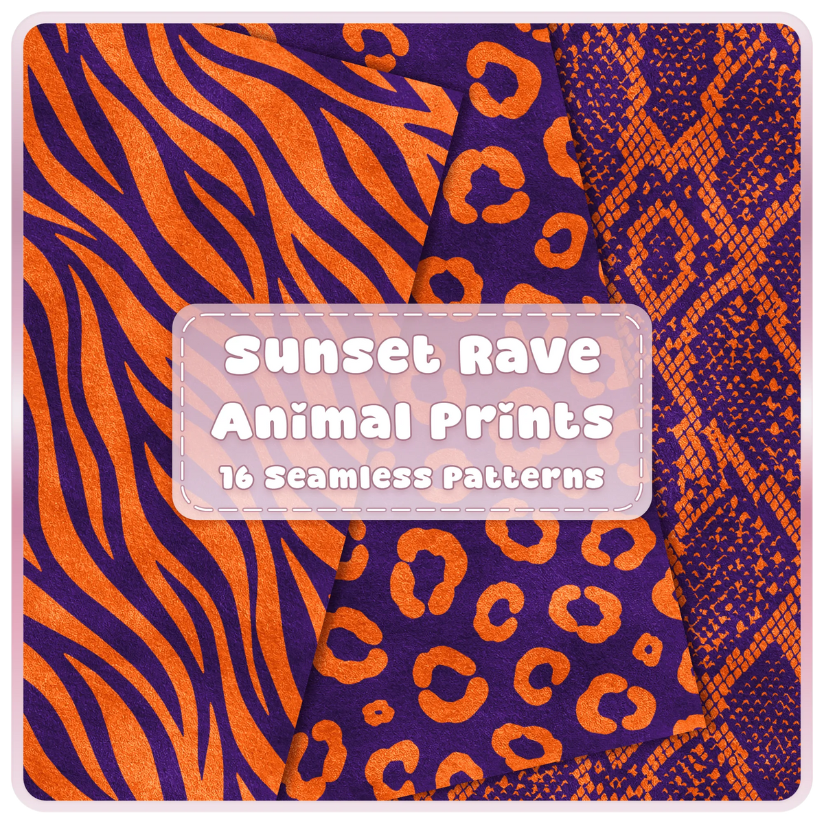 Sunset Rave orange and purple animal print seamless patterns featuring snake, leopard and zebra digital papers