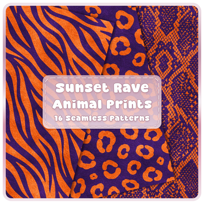 Sunset Rave orange and purple animal print seamless patterns featuring snake, leopard and zebra digital papers