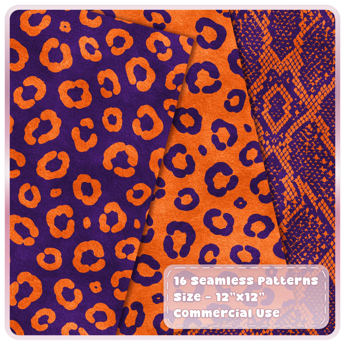 Orange and deep purple leopard print and snakeskin seamless digital papers from the Sunset Rave animal print collection