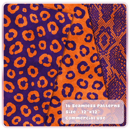 Orange and deep purple leopard print and snakeskin seamless digital papers from the Sunset Rave animal print collection