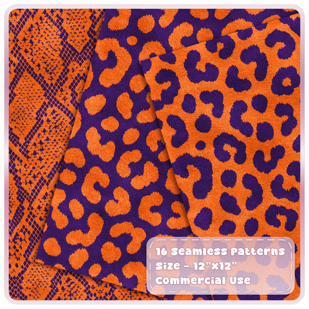 Orange and purple snakeskin and leopard seamless patterns shown as layered textured animal print digital papers