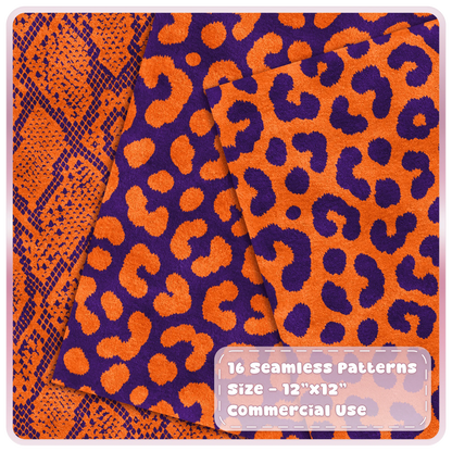 Orange and purple snakeskin and leopard seamless patterns shown as layered textured animal print digital papers