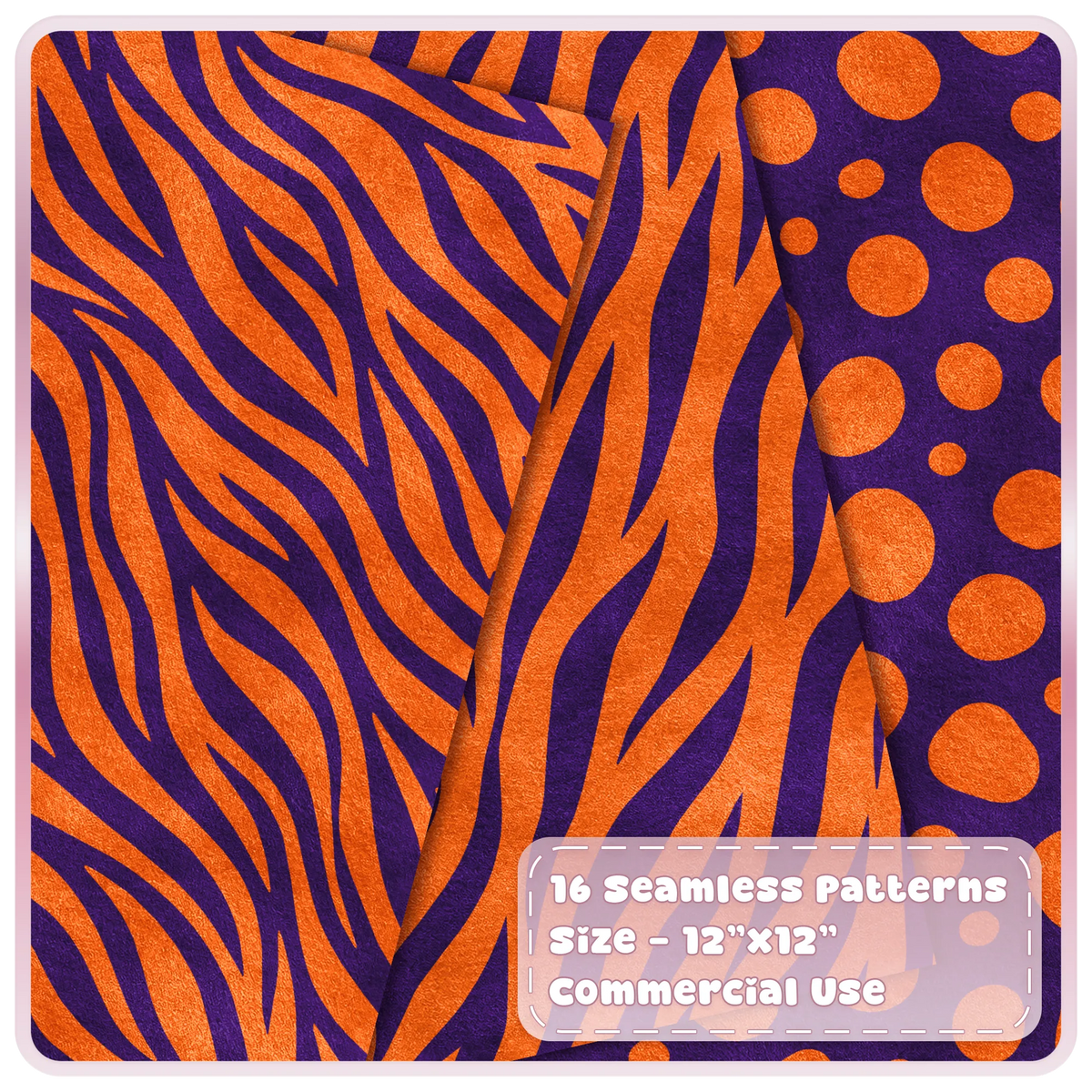 Orange and deep purple zebra stripe and spotted animal print seamless digital papers from the Sunset Rave collection