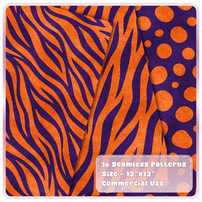 Orange and deep purple zebra stripe and spotted animal print seamless digital papers from the Sunset Rave collection