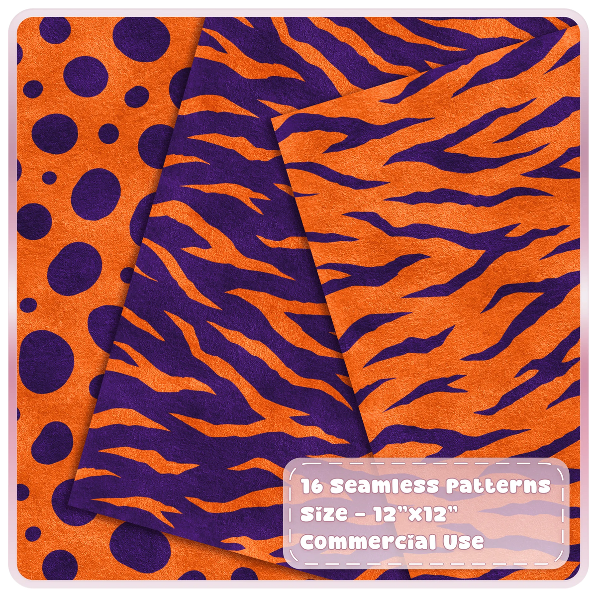 Orange and purple spotted and tiger stripe seamless animal print patterns shown as layered textured digital papers