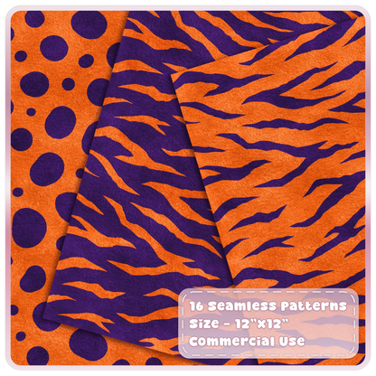 Orange and purple spotted and tiger stripe seamless animal print patterns shown as layered textured digital papers