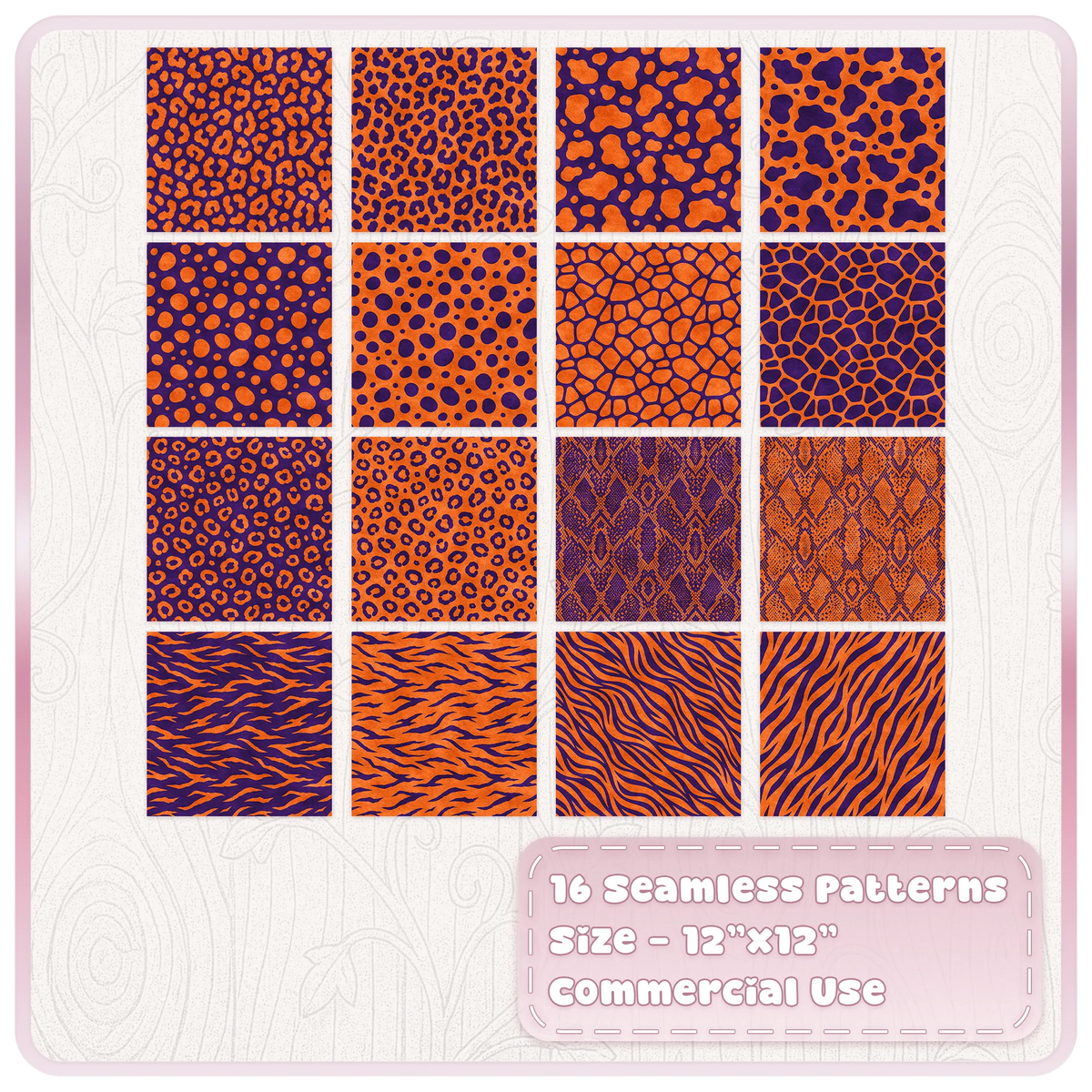 Set of 16 orange and purple seamless animal print papers including leopard, zebra, snake and spotted designs