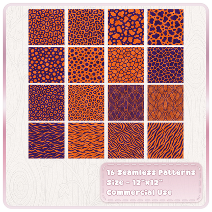 Set of 16 orange and purple seamless animal print papers including leopard, zebra, snake and spotted designs