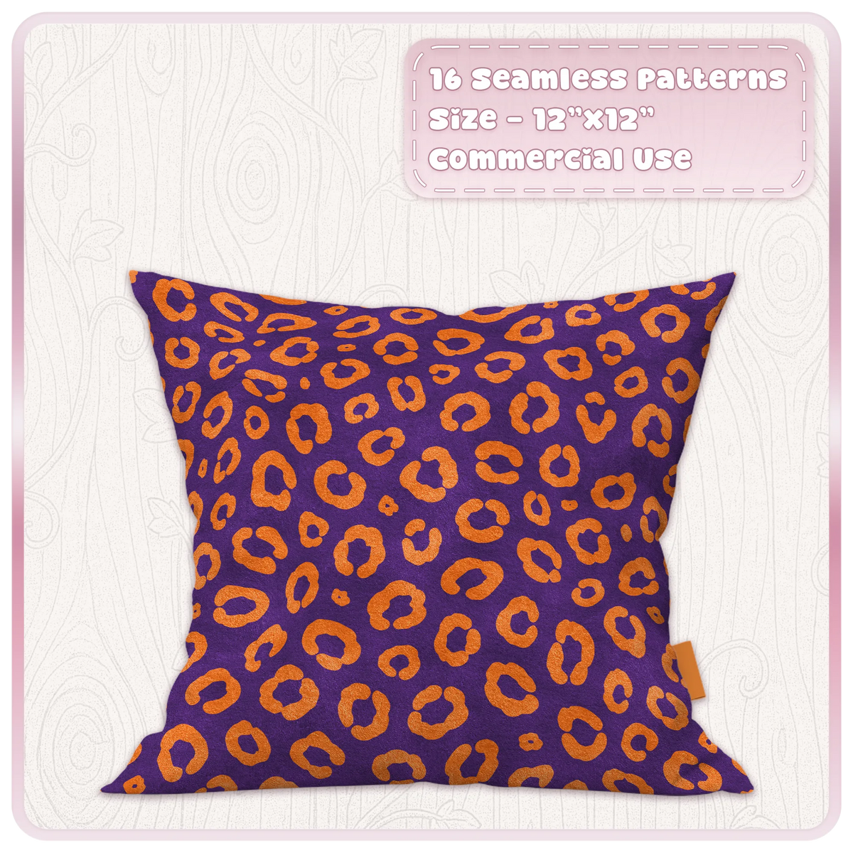 Purple cushion mockup featuring an orange leopard seamless pattern from the Sunset Rave digital paper collection