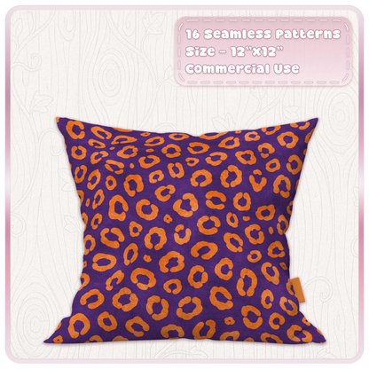 Purple cushion mockup featuring an orange leopard seamless pattern from the Sunset Rave digital paper collection