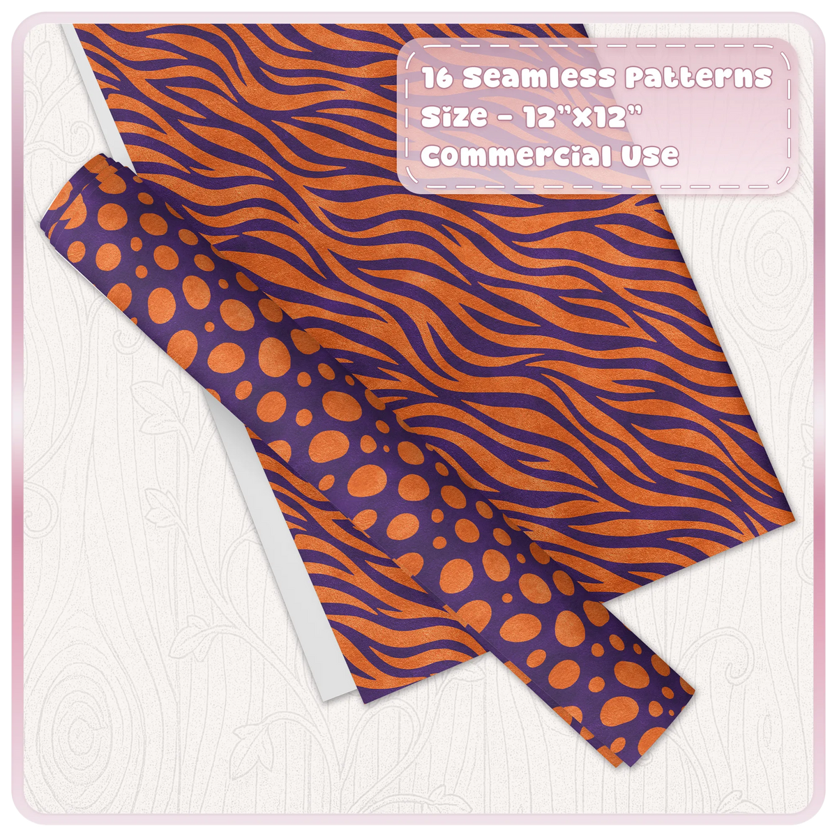 Orange and purple zebra and spotted animal print patterns shown on digital paper and wrapping paper mockups