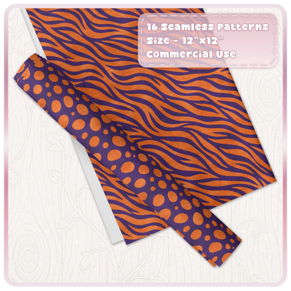 Orange and purple zebra and spotted animal print patterns shown on digital paper and wrapping paper mockups