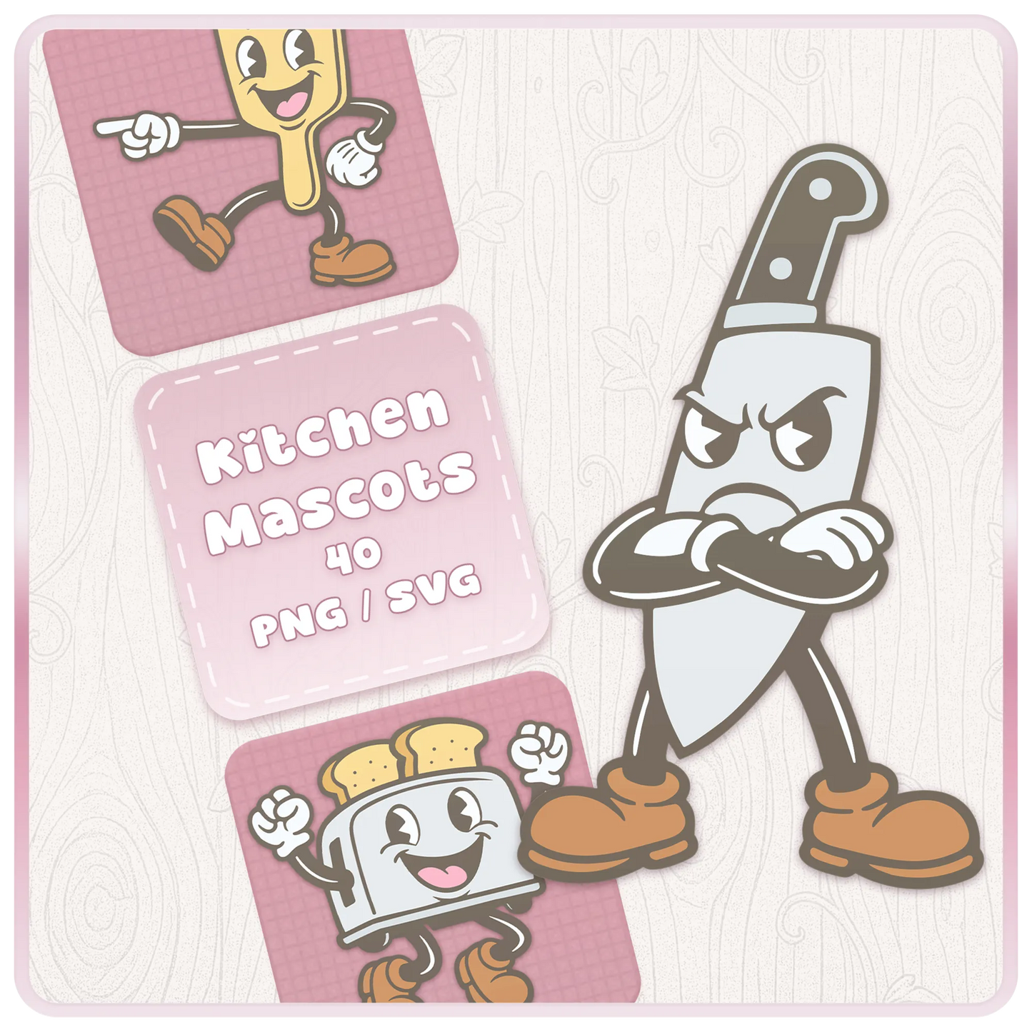 Pastel Kitchen Mascots SVG and PNG clipart bundle cover featuring a retro cartoon knife mascot, toaster mascot, spatula mascot, and pink kitchen-themed digital download graphics.