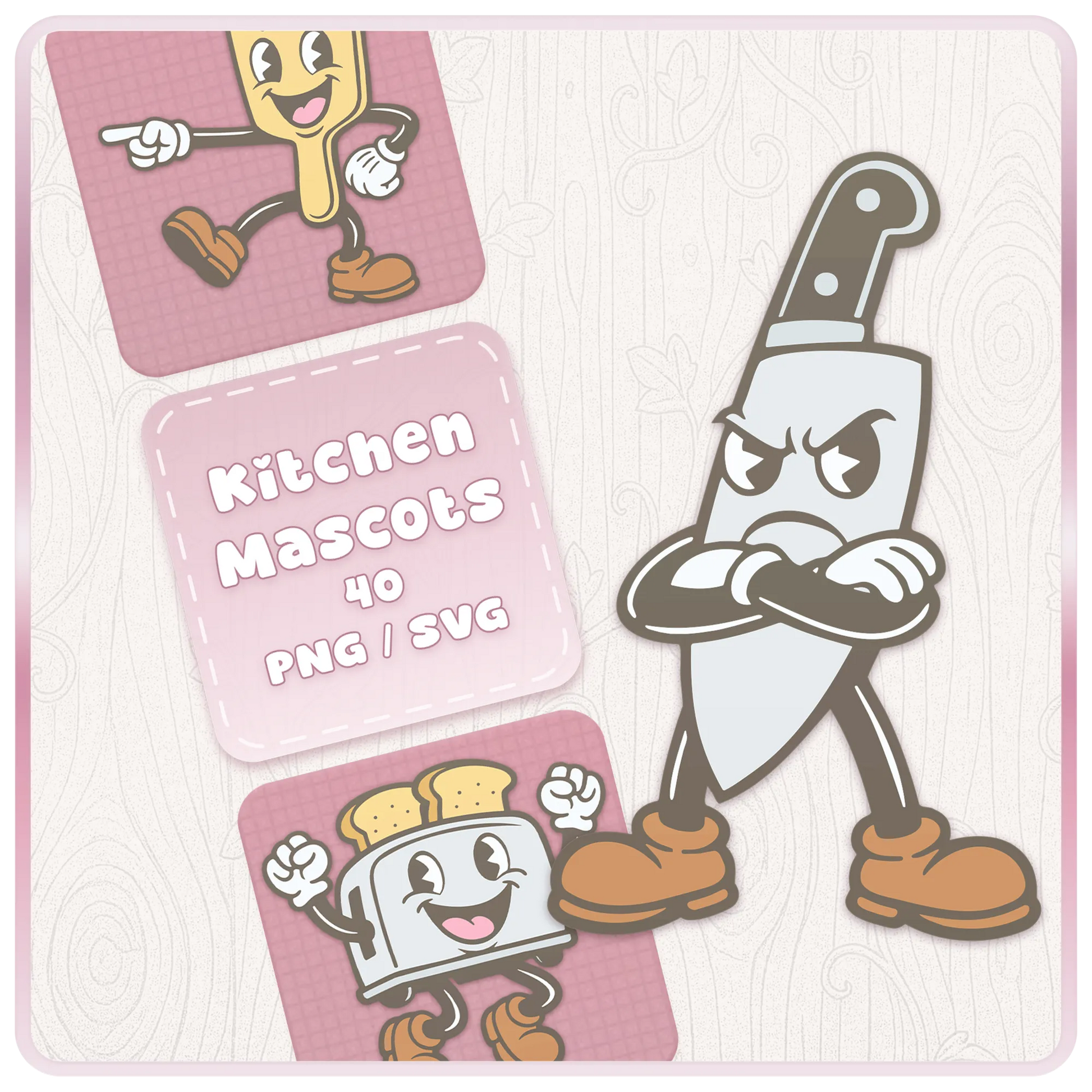 Pastel Kitchen Mascots SVG and PNG clipart bundle cover featuring a retro cartoon knife mascot, toaster mascot, spatula mascot, and pink kitchen-themed digital download graphics.