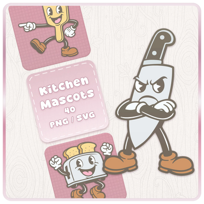 Pastel Kitchen Mascots SVG and PNG clipart bundle cover featuring a retro cartoon knife mascot, toaster mascot, spatula mascot, and pink kitchen-themed digital download graphics.