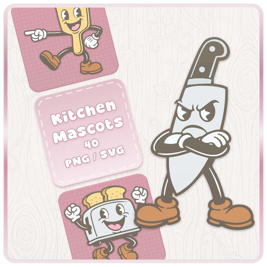 Pastel Kitchen Mascots SVG and PNG clipart bundle cover featuring a retro cartoon knife mascot, toaster mascot, spatula mascot, and pink kitchen-themed digital download graphics.