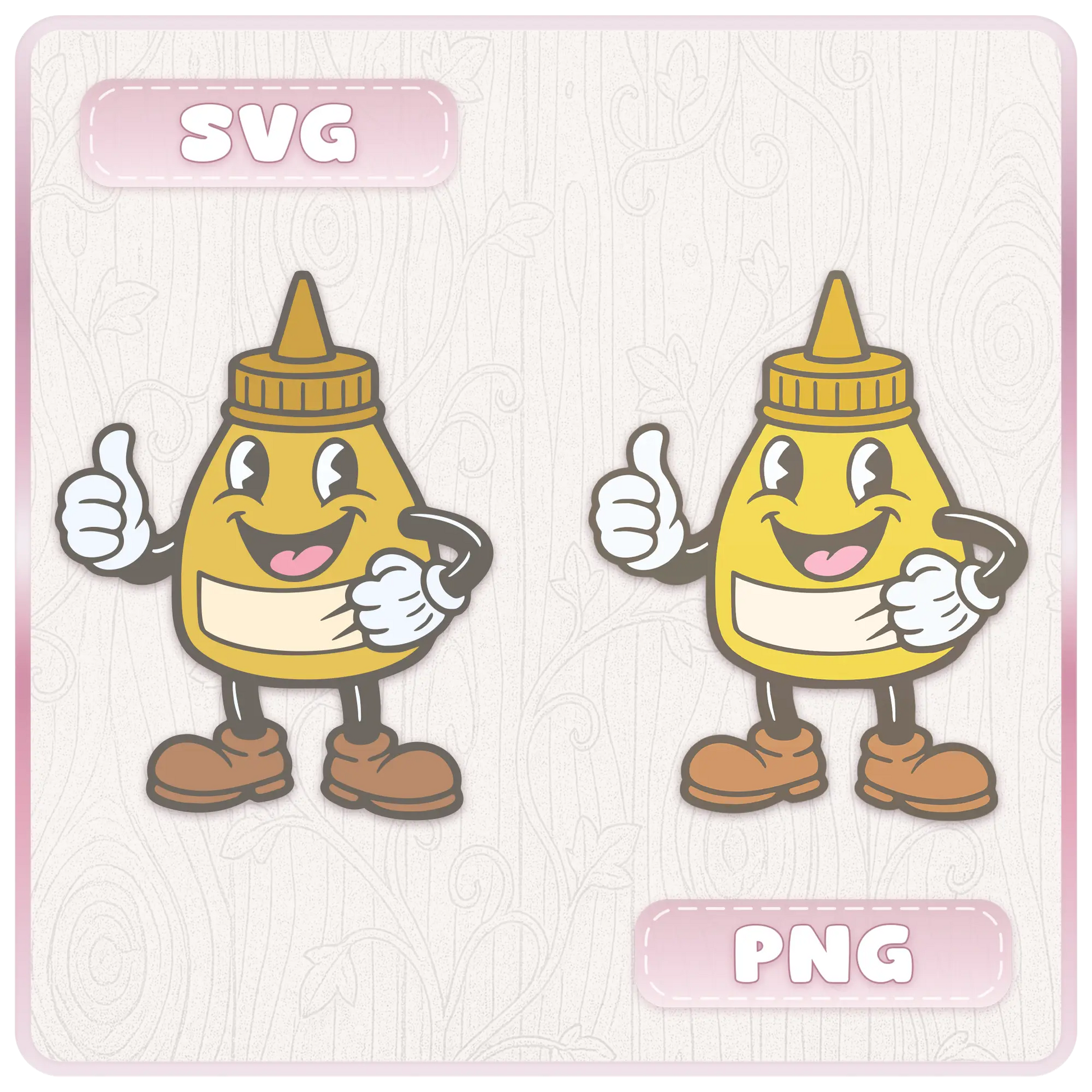 Comparison preview of cute mustard bottle kitchen mascot shown as SVG and PNG files for Cricut, Silhouette, sublimation, stickers, and digital craft projects.