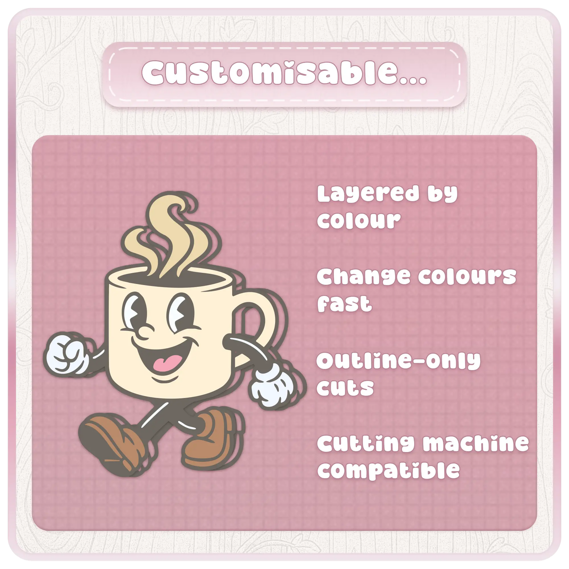 Customizable pastel kitchen mascot clipart preview showing layered color, fast color changes, outline-only cuts, and cutting machine compatible SVG designs.