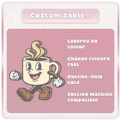 Customizable pastel kitchen mascot clipart preview showing layered color, fast color changes, outline-only cuts, and cutting machine compatible SVG designs.