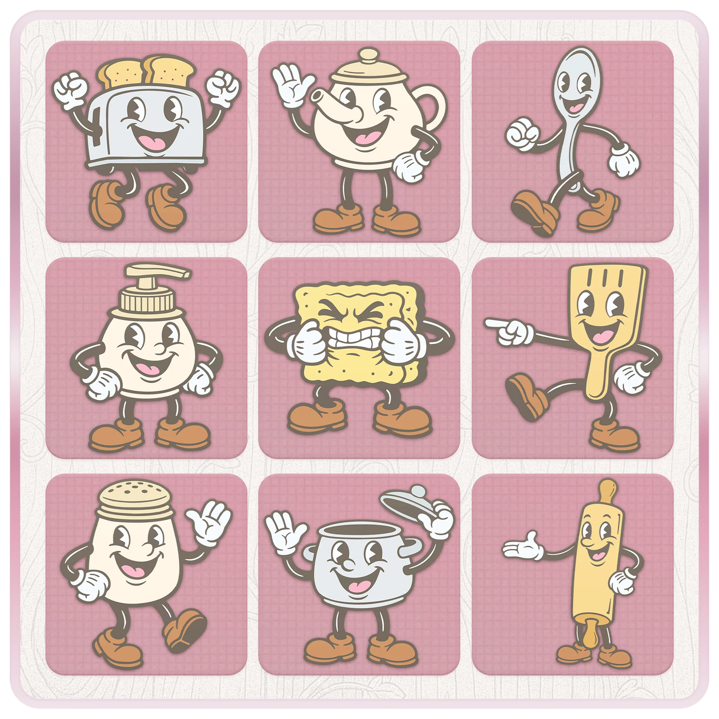 Pastel kitchen mascot clipart preview featuring toaster, teapot, spoon, soap dispenser, sponge, spatula, salt shaker, saucepan, rolling pin, and other cute retro SVG characters.